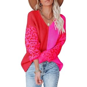 Vibrant Pink and Red V-Neck Sweater